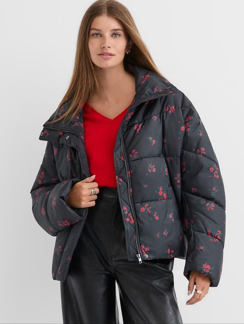 Loft Women's Floral Cocoon Sleeve Puffer Jacket New With Tags